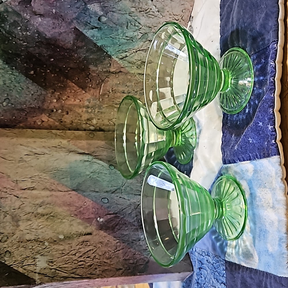 1930's Anchor Hocking Block Optic Sherbet Cups Green Depression Uranium Glass